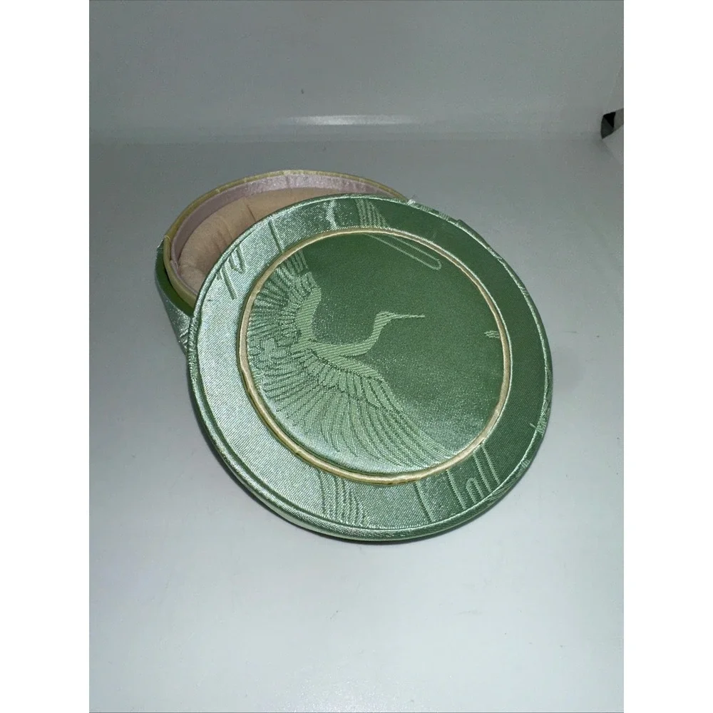VTG Jewelry Box Green Satin Crane Bird Embroidered Round Padded Storage Case